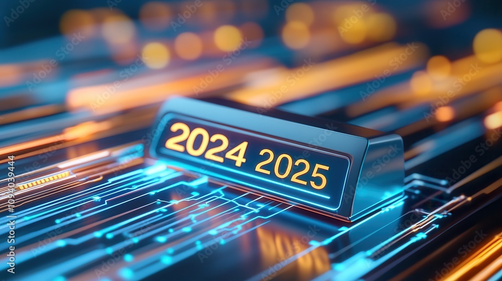 Aufkleber progress bar transition from 2024 to 2025 with futuristic design