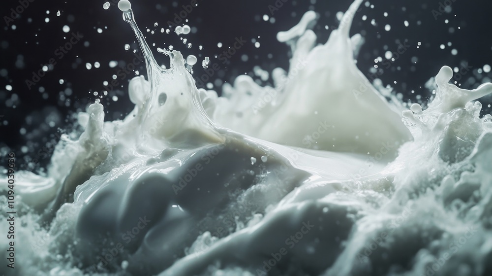 Poster dynamic milk splash action shot studio setting high-quality macro photography dark background concep