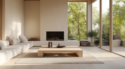Modern living room interior with a wooden coffee table