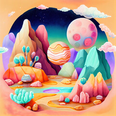 Alien planet landscape with colorful craters and rocks resembling sweet treats. Fantasy scene features vibrant mountains and imaginative formations inspired by candy, creating a surreal atmosphere