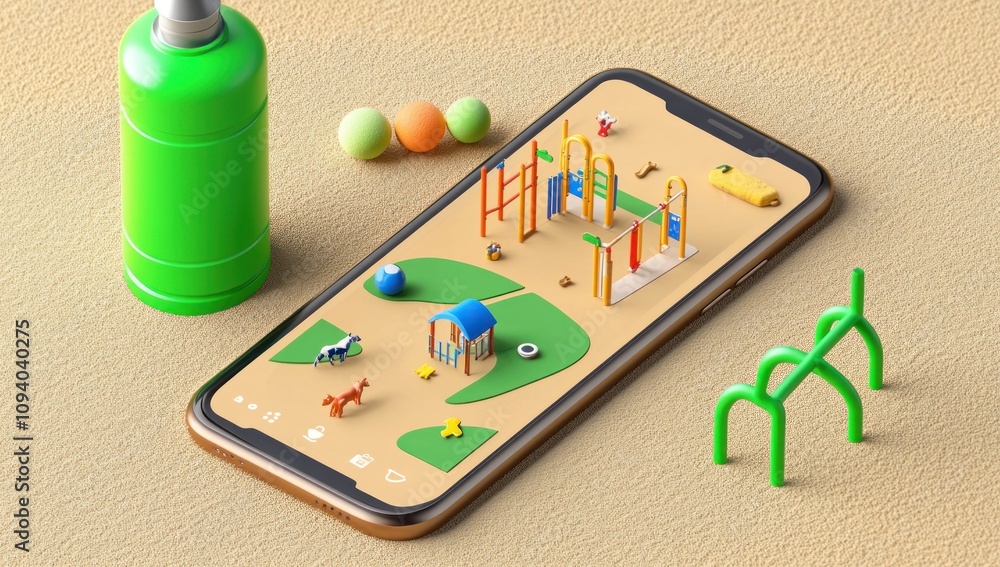 Poster a smartphone displaying a colorful playground scene with various toys and a water bottle.
