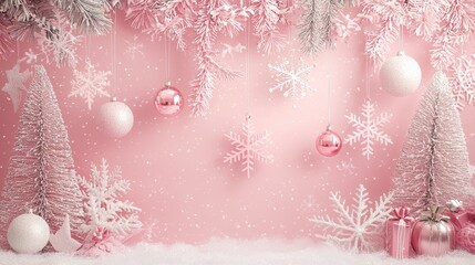 Pink Christmas background with different sizes of pink snow hanging from pine trees and other decorations in bright tones and simple style