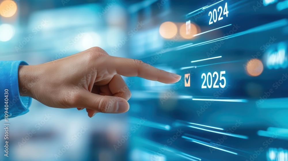 Aufkleber hand pointing at digital progress bar transitioning from 2024 to 2025