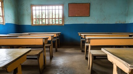 A classroom with empty desks symbolizing educational inequality, Highlighting the gaps in access to learning opportunities, photography style