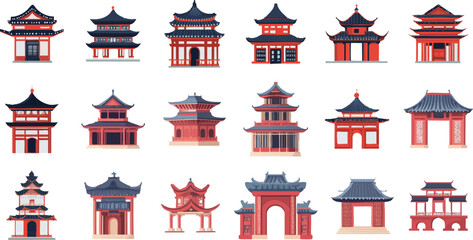 Set of traditional Chinese buildings, vector illustration with white background