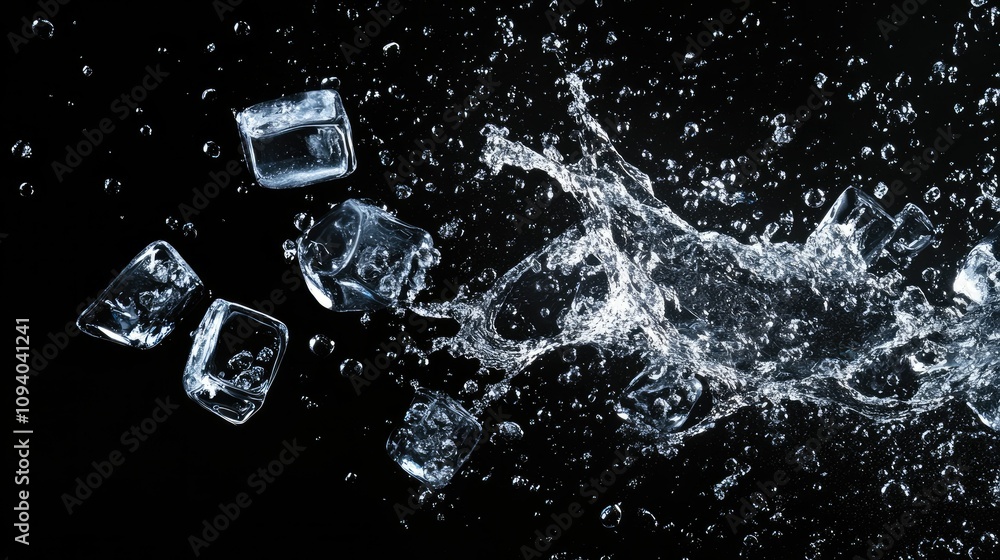 Poster dynamic splash with ice cubes and bubbles, frozen in time on a transparent background for high-impac