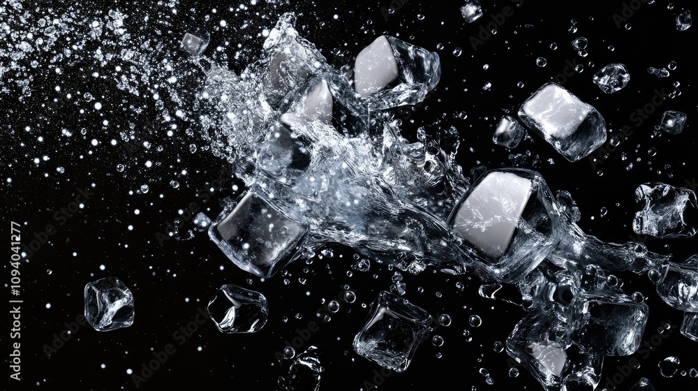 Poster dynamic splash with ice cubes and bubbles, frozen in time on a transparent background for high-impac