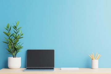 Fototapeta premium Modern workspace with laptop and potted plants on a desk.