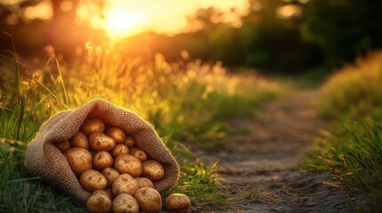 Fototapeta premium A burlap sack spilling fresh potatoes on a sunlit path through a grassy field.