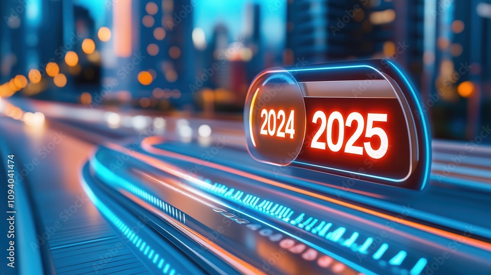 Aufkleber 3d progress bar transitioning from 2024 to 2025 with neon effects