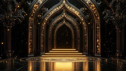 Obraz premium Elegant award stage in black and gold tones, luminous arcs, and intricate accents for regal occasions.