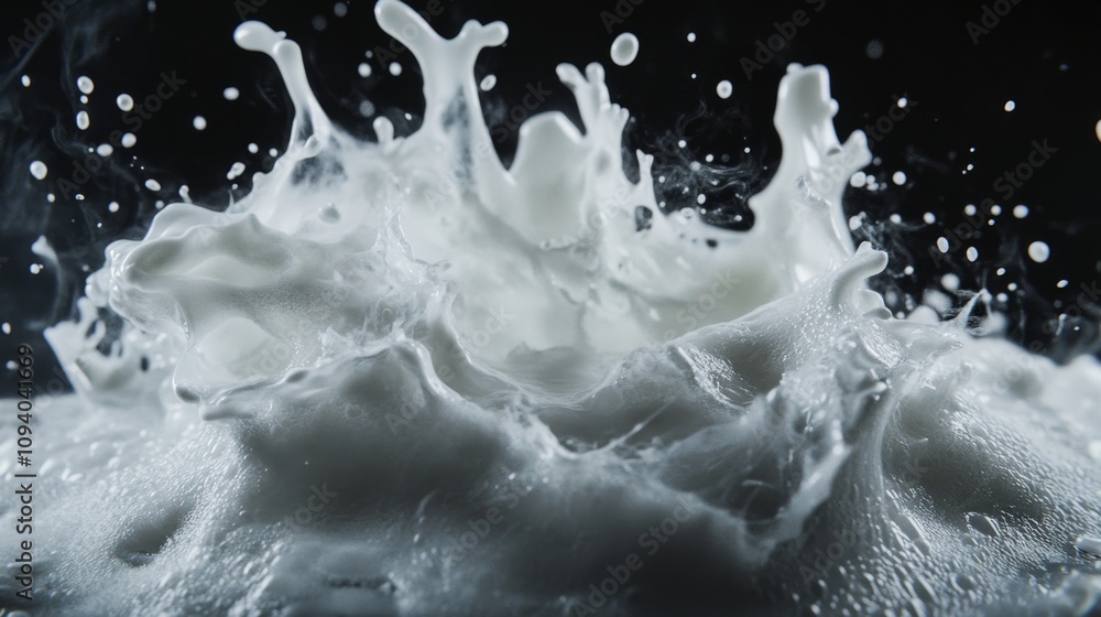 Poster dynamic milk splash action studio setting high-definition photography dark environment close-up view