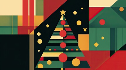 Obraz premium Elegant holiday card with a geometric Christmas tree, simple patterns, and a festive palette of red, green, and gold.