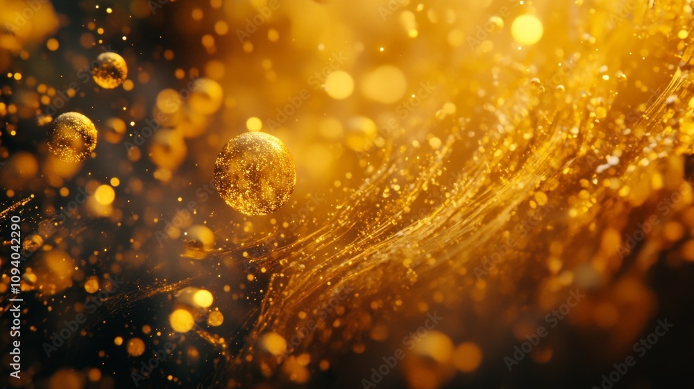 Poster Dynamic golden bubbles floating abstract background digital art enigmatic environment close-up view conceptual visualization