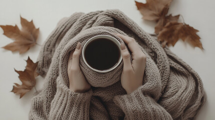 Warm hands holding a mug surrounded by autumn leaves and a cozy scarf on a table