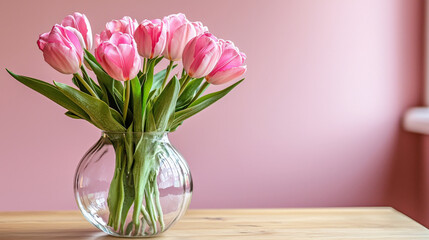 cluster of pink tulips arranged in simple bulbous vase, adding touch of elegance to room. soft pink background enhances beauty of flowers
