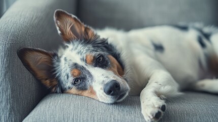 Obraz premium A relaxed dog lounging on a couch, showcasing comfort and tranquility.