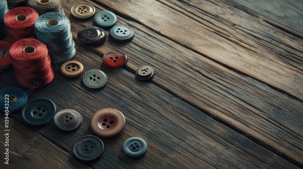 Poster a collection of colorful threads and buttons arranged on a wooden surface for sewing projects.
