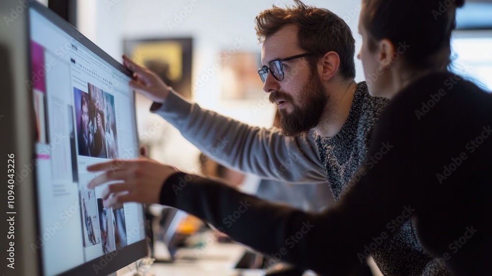 Poster collaborative brainstorming session modern office workspace digital interaction creative environment