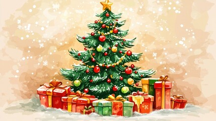 Green Christmas tree surrounded by bright gifts, with a soft cream gradient backdrop for a festive card design.