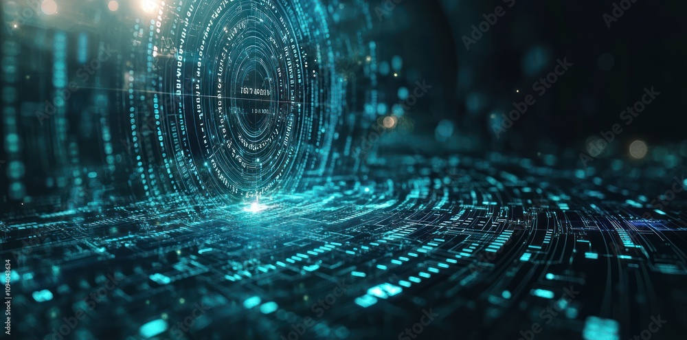 Poster abstract digital landscape with glowing data streams and futuristic patterns.