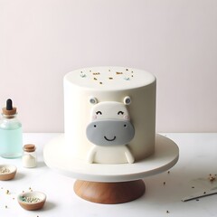 minimalist cake with hippo theme on a white background
