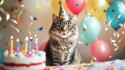 Celebrating a cat's birthday with party decorations home photography festive atmosphere close-up joyful pet moments