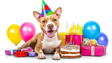 Dog birthday celebration with party hats and cake at home colorful decorations cheerful atmosphere pet happiness