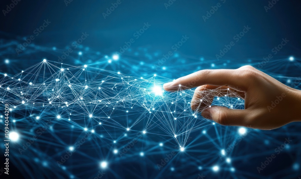 Poster a hand reaching towards a network of interconnected points, symbolizing technology and connection.