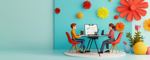 Employee onboarding process, virtual presentation, 3D illustrati