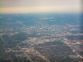 View of downtown Minneapolis, Minnesota from an airplane on a cloudy day