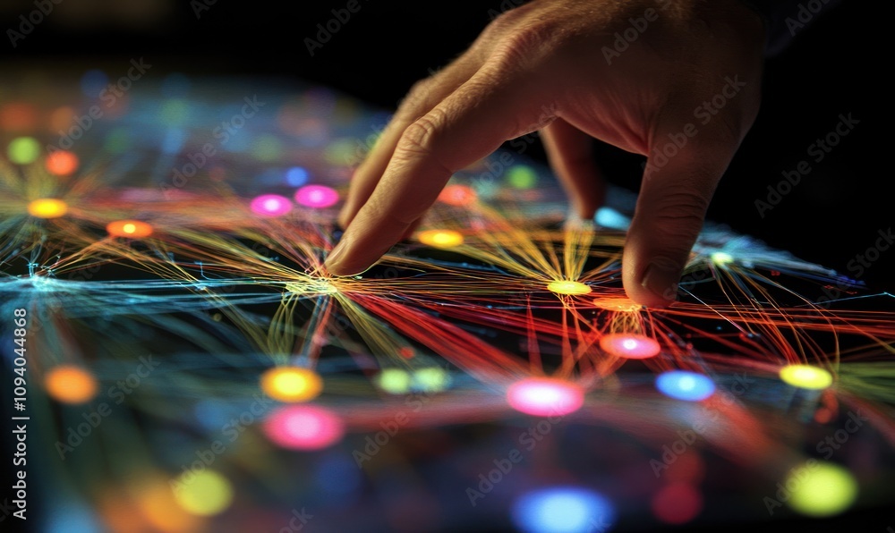 Poster a hand interacts with a vibrant digital network of colorful nodes and connections.
