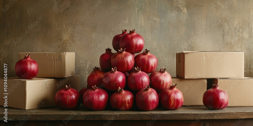 Poster a display of pomegranates arranged in a pyramid beside cardboard boxes on a rustic table.