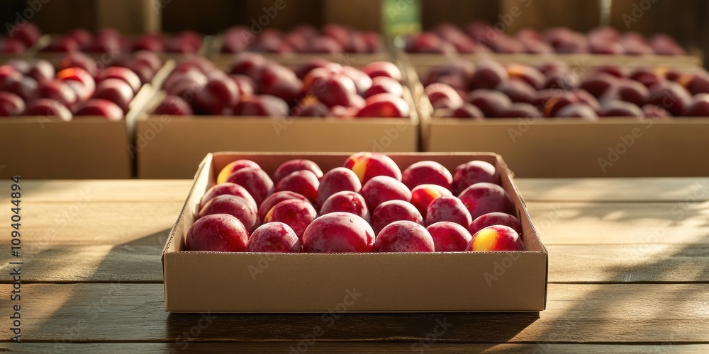 Poster a box of red apples arranged on a wooden table in a rustic setting.