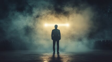 Silhouetted Businessman Stage Spotlight Smoke Mystery