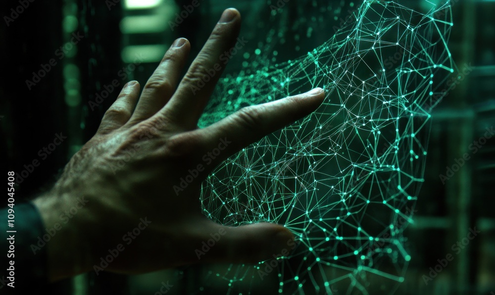 Poster hand interacting with a digital network display.
