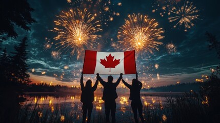 Celebrating National Pride Silhouettes Against a Fireworks Display, Holding High the Canadian Flag