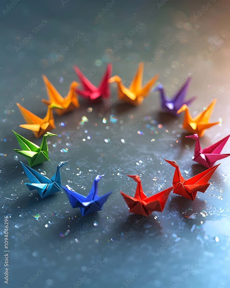 Poster a colorful arrangement of origami cranes in a circular pattern on a textured surface, showcasing art