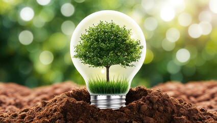 tree inside a bright light bulb, ecology concept with light bulb on fertile brown soil