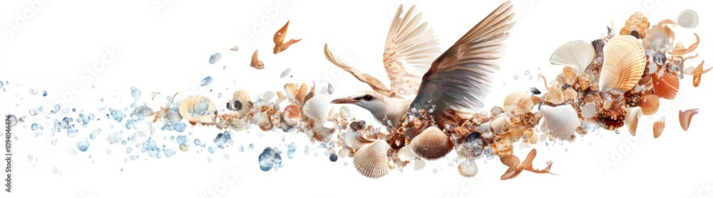 Poster a serene composition of nature with a bird and shells.