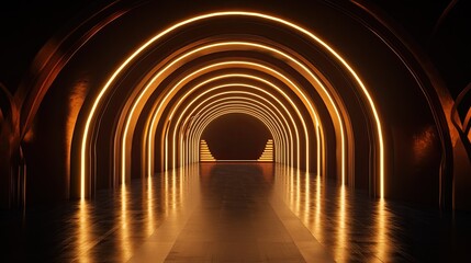 Stunning gold-lit arcs on a black stage, evoking exclusivity and grandeur in award events.