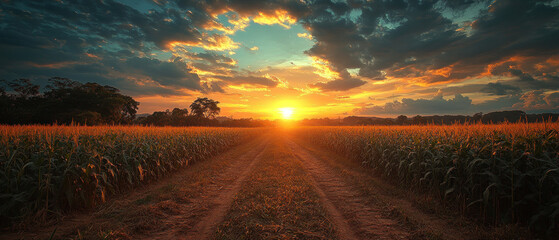 a picturesque sunset over a field of corn. In the center of the image is a dirt road that stretches to the horizon, where the sun sets behind the tree line, painting the sky in vibrant shades  