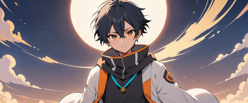 anime guy, a boy with dark hair has a serious facial expression, a black, white, orange, and cyan colored hoodie, and a cartoon scenery background