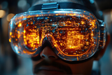 close-up of a person wearing high-tech glasses with transparent lenses, behind which bright orange lights are visible, resembling a microcircuit grid or a futuristic interface 