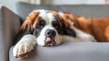 A relaxed St. Bernard dog lounging on a couch.
