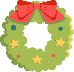 Cute simple cartoon christmas wreath with red ribbon bow hand drawn vector isolated