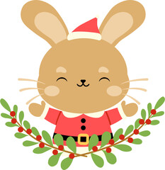 Happy Rabbit Bunny Santa Clause with holly plants cute hand drawn vector christmas elements isolated kawaii character