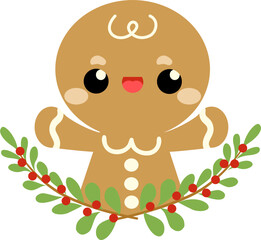 Happy Gingerbread man with holly plants cute hand drawn vector christmas elements isolated kawaii character