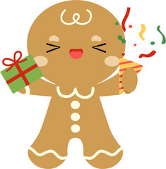 Cute cartoon gingerbread man cookie holding gift and party popper hand drawn christmas element vector kawaii character