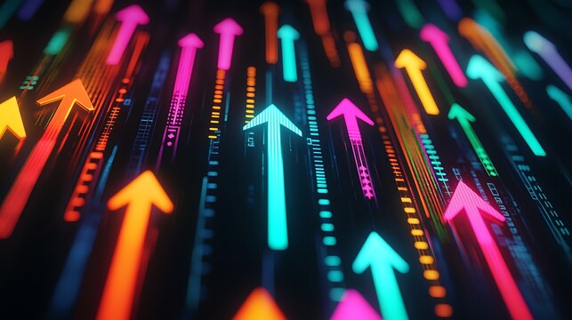A vibrant, abstract image featuring colorful arrows pointing upwards against a dark background, symbolizing growth and progress.